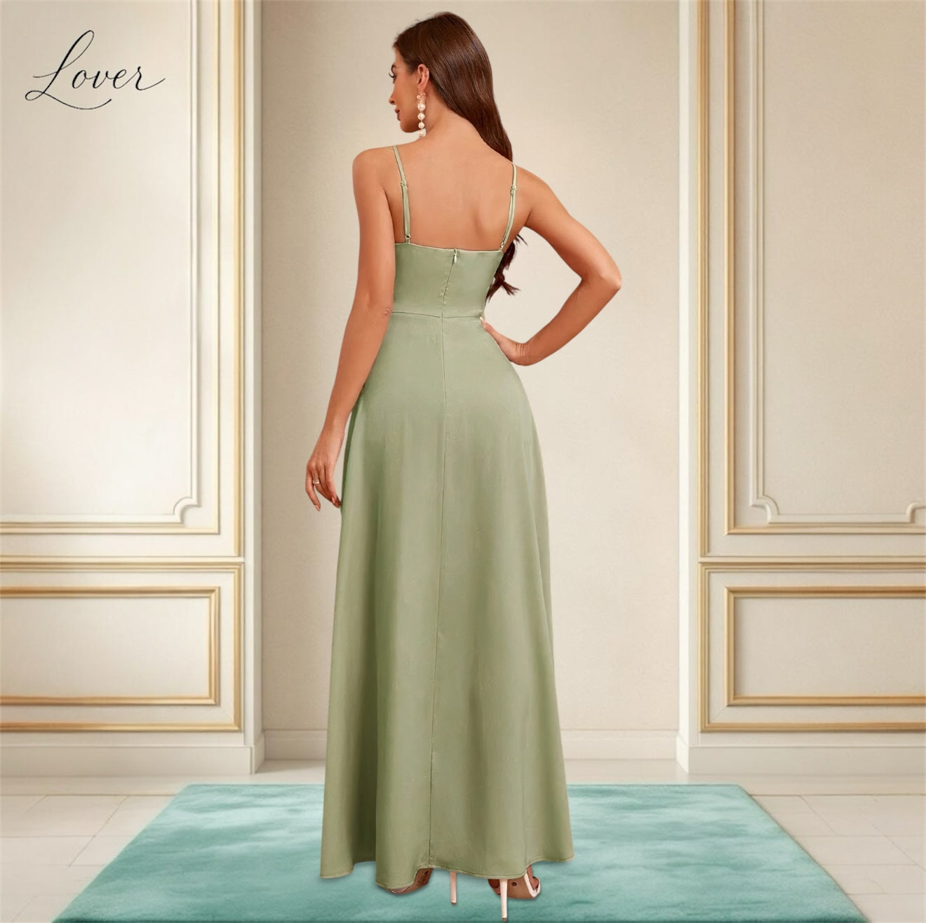 Vestido verde oliva con abertura en pierna