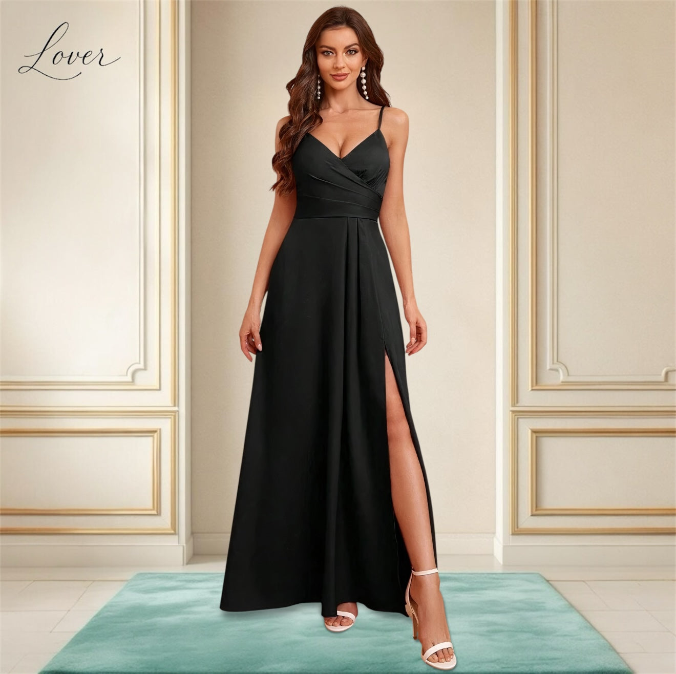 Vestido negro de satin con abertura en la pierna