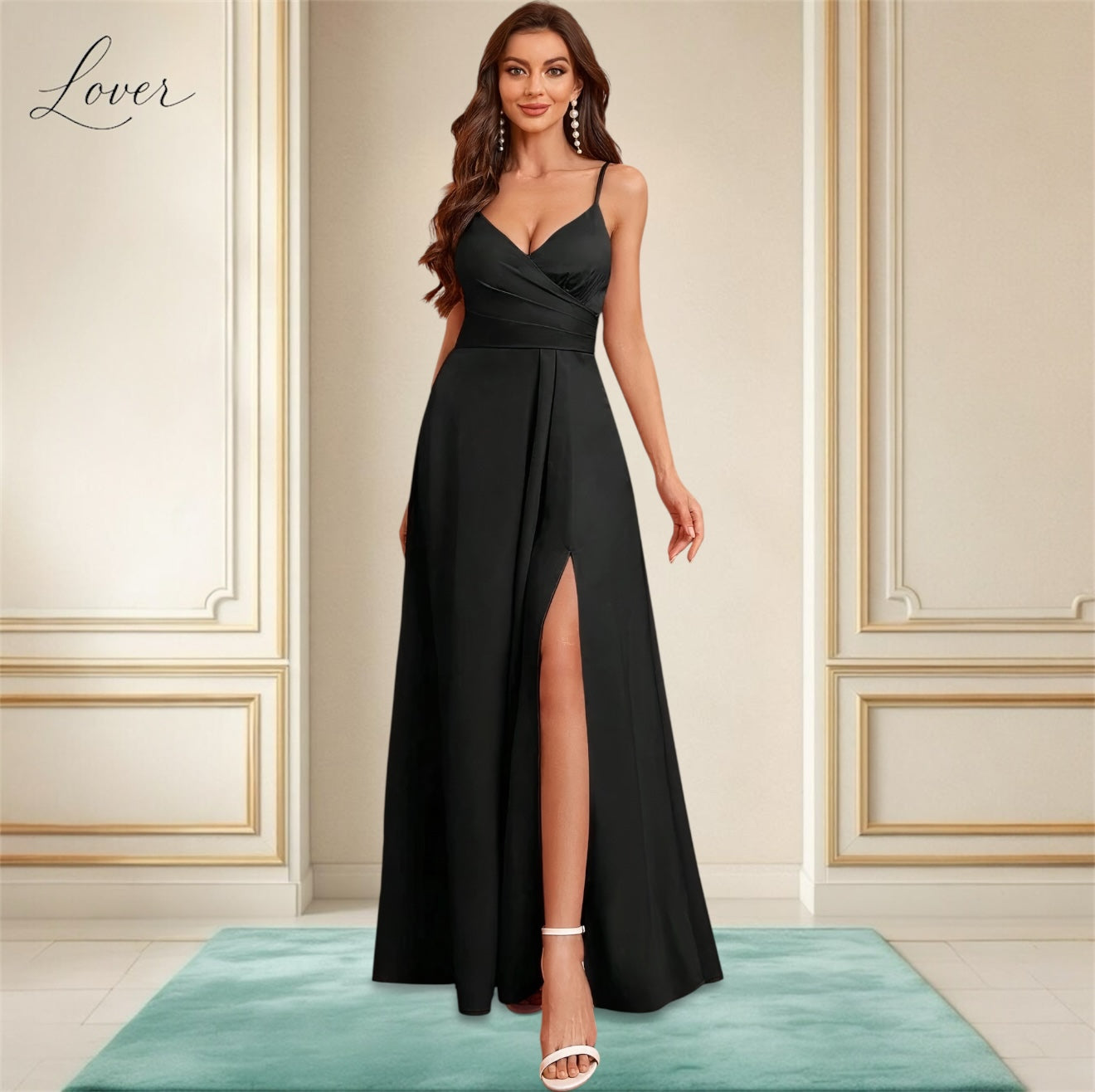 Vestido negro de satin con abertura en la pierna