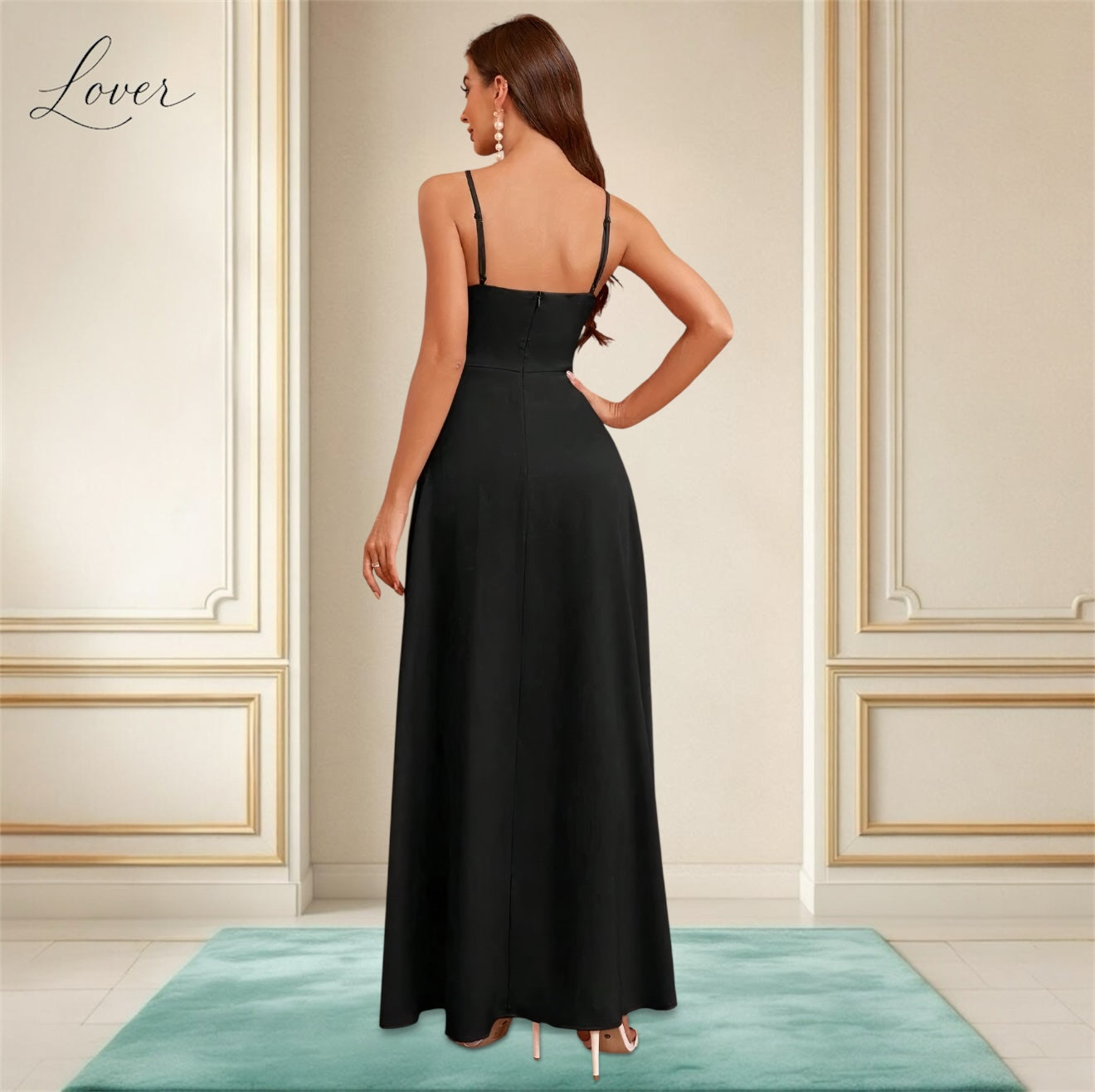 Vestido negro de satin con abertura en la pierna