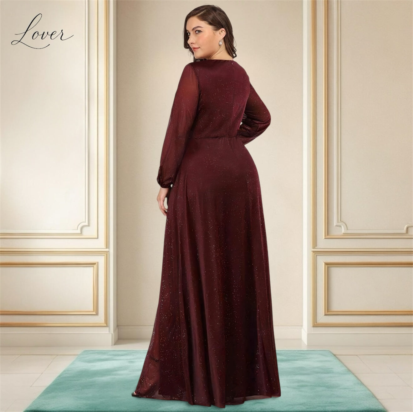 Vestido vino de manga con brillo