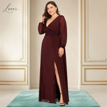 Vestido vino de manga con brillo