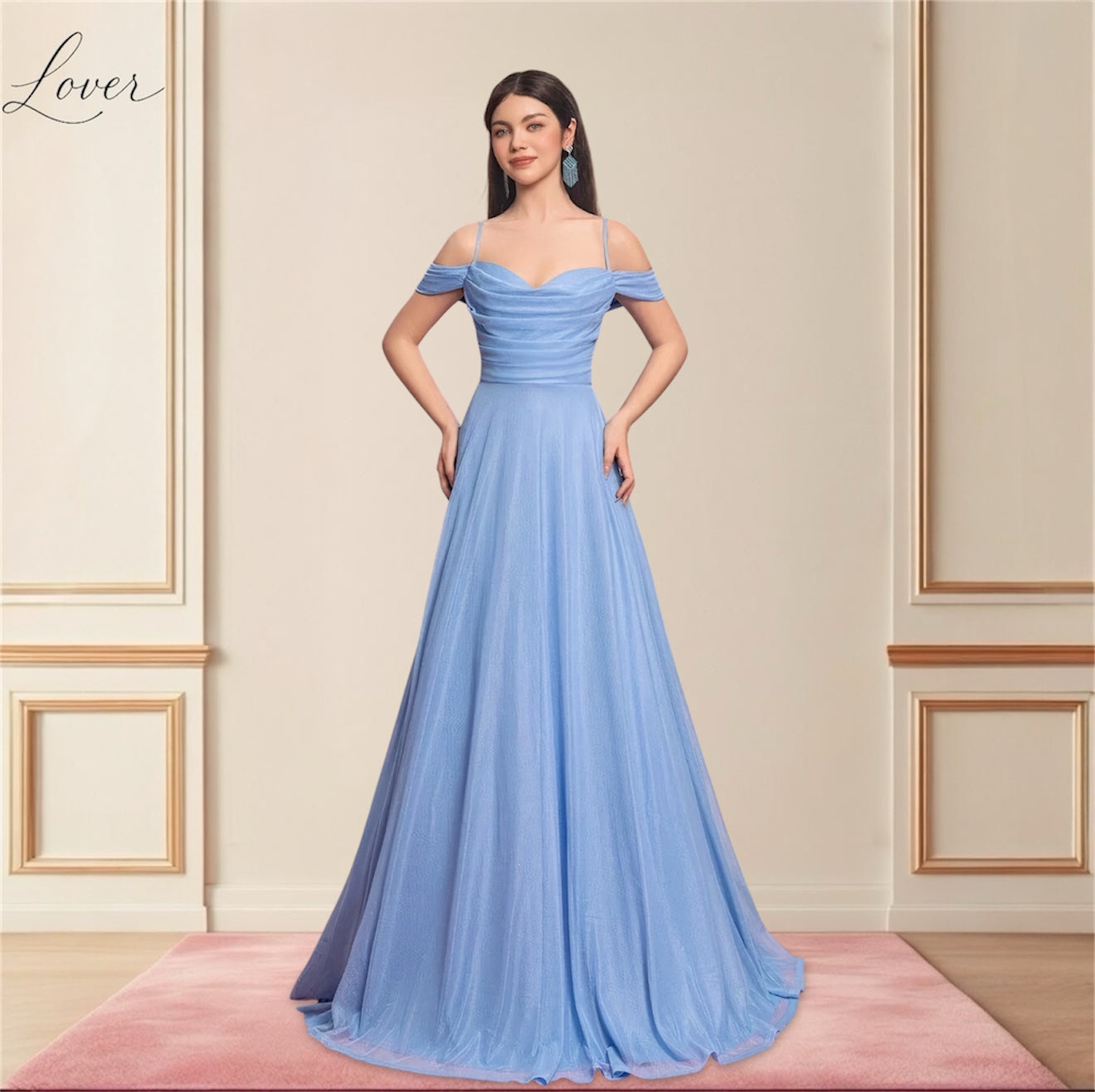 Vestido celeste de escote bardot con tirantes