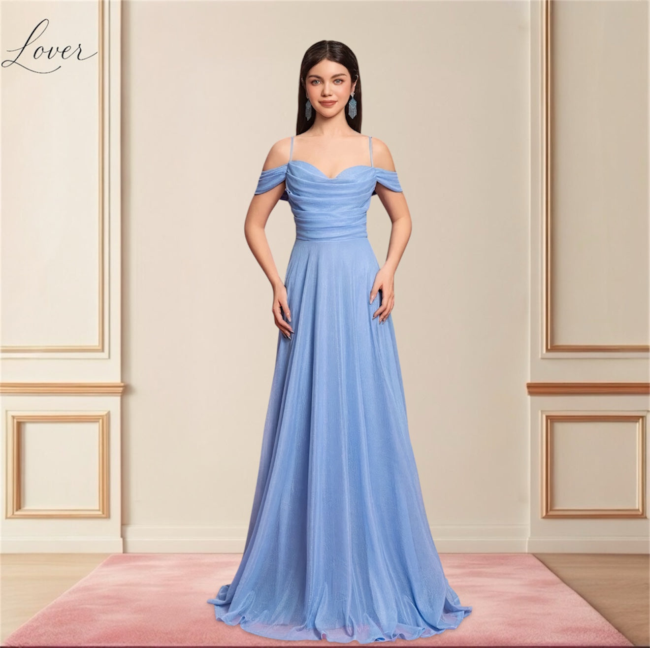 Vestido celeste de escote bardot con tirantes