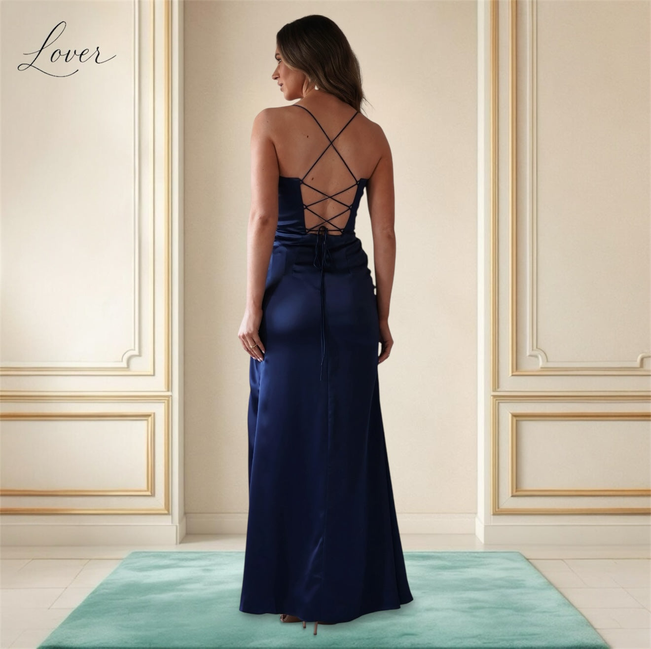 Vestido azul navy de satin con corset