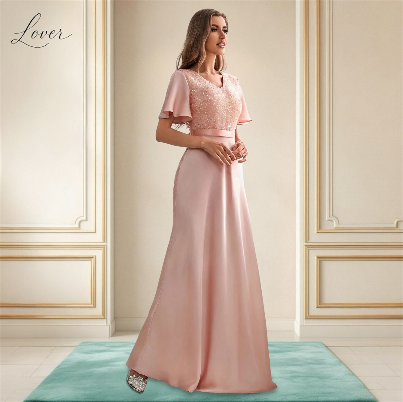 Vestido blush con lentejuelas en top