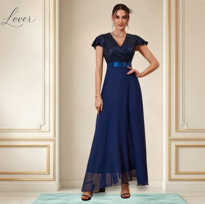 Vestido azul navy asimétrico con lentejuelas en top