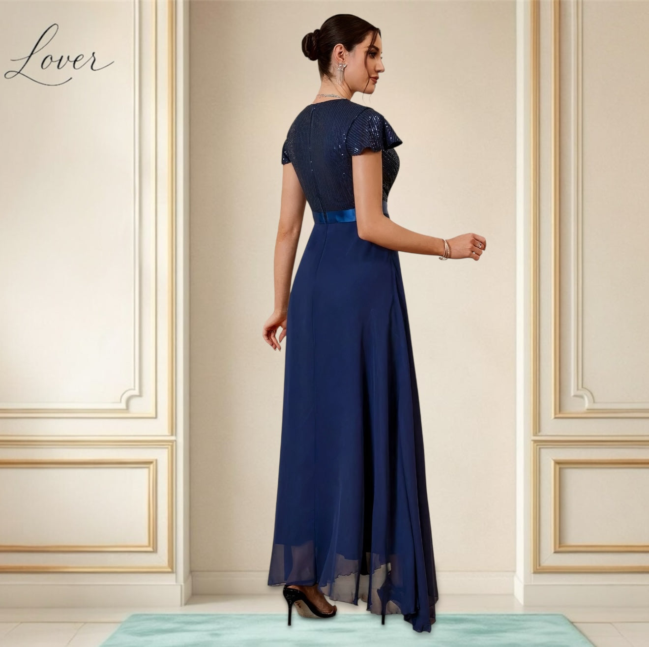 Vestido azul navy asimétrico con lentejuelas en top