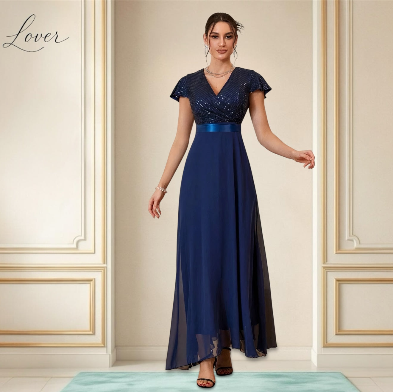 Vestido azul navy asimétrico con lentejuelas en top