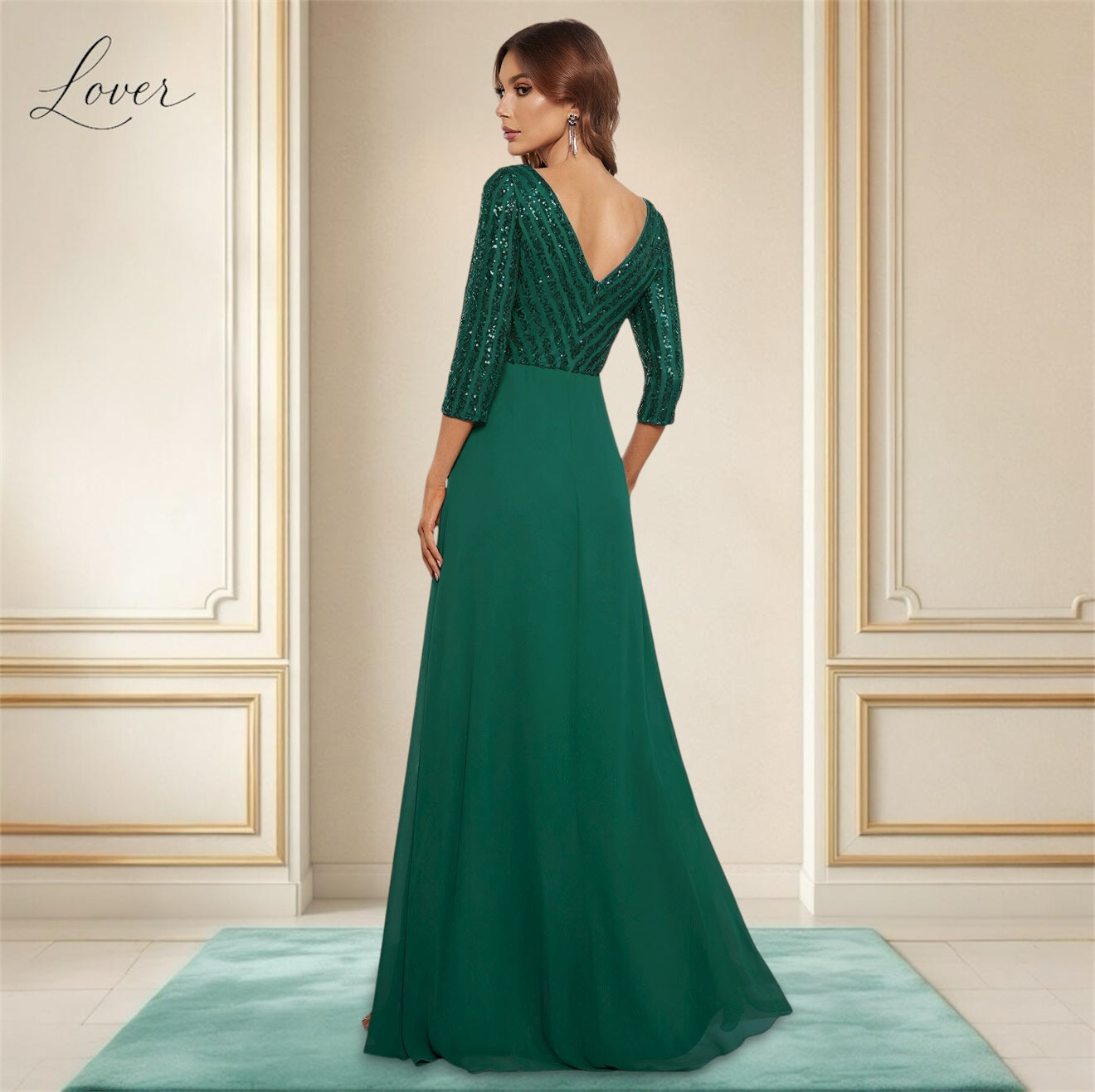 Vestido verde esmeralda de manga larga con lentejuelas en top
