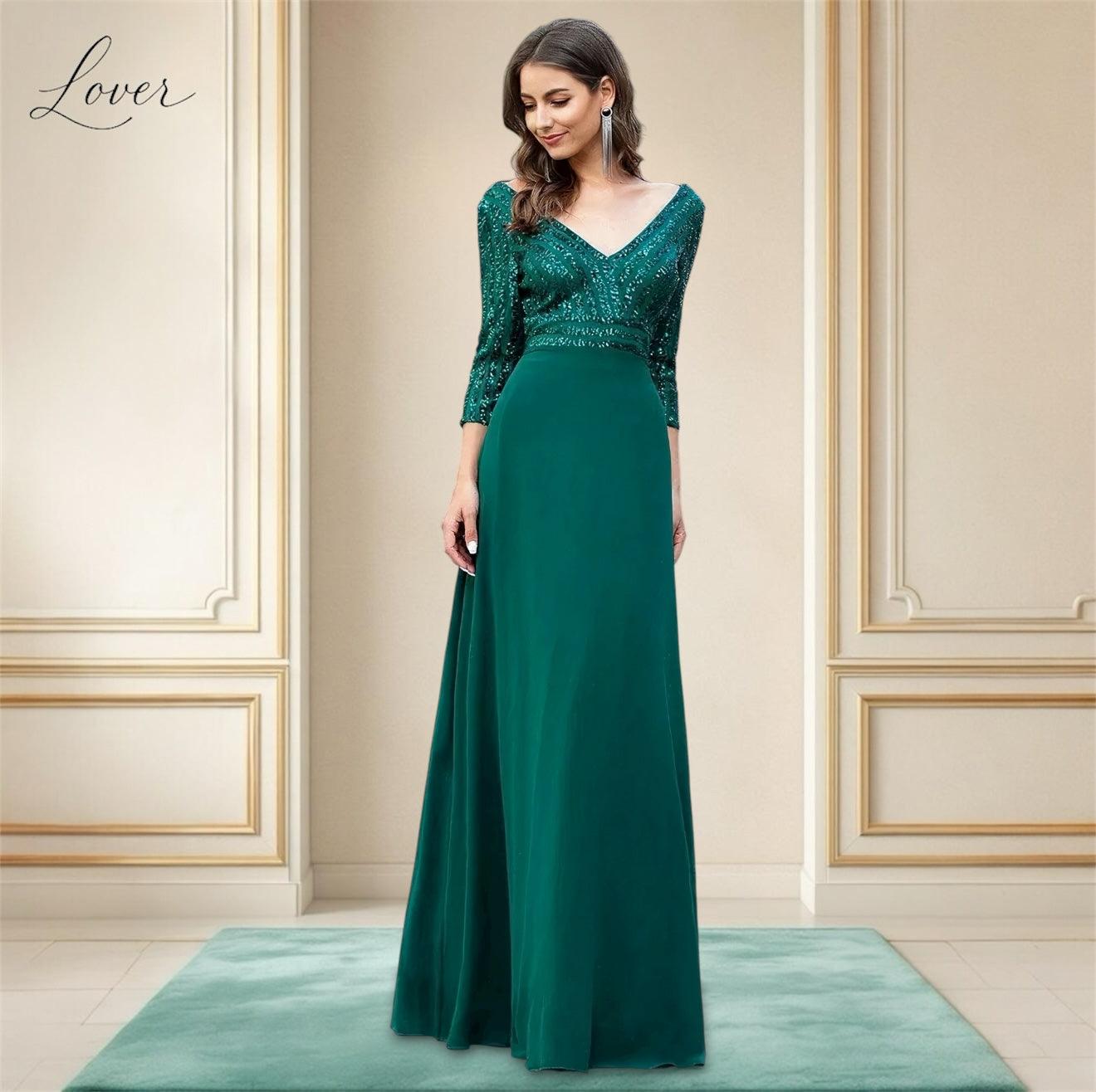 Vestido verde esmeralda de manga larga con lentejuelas en top