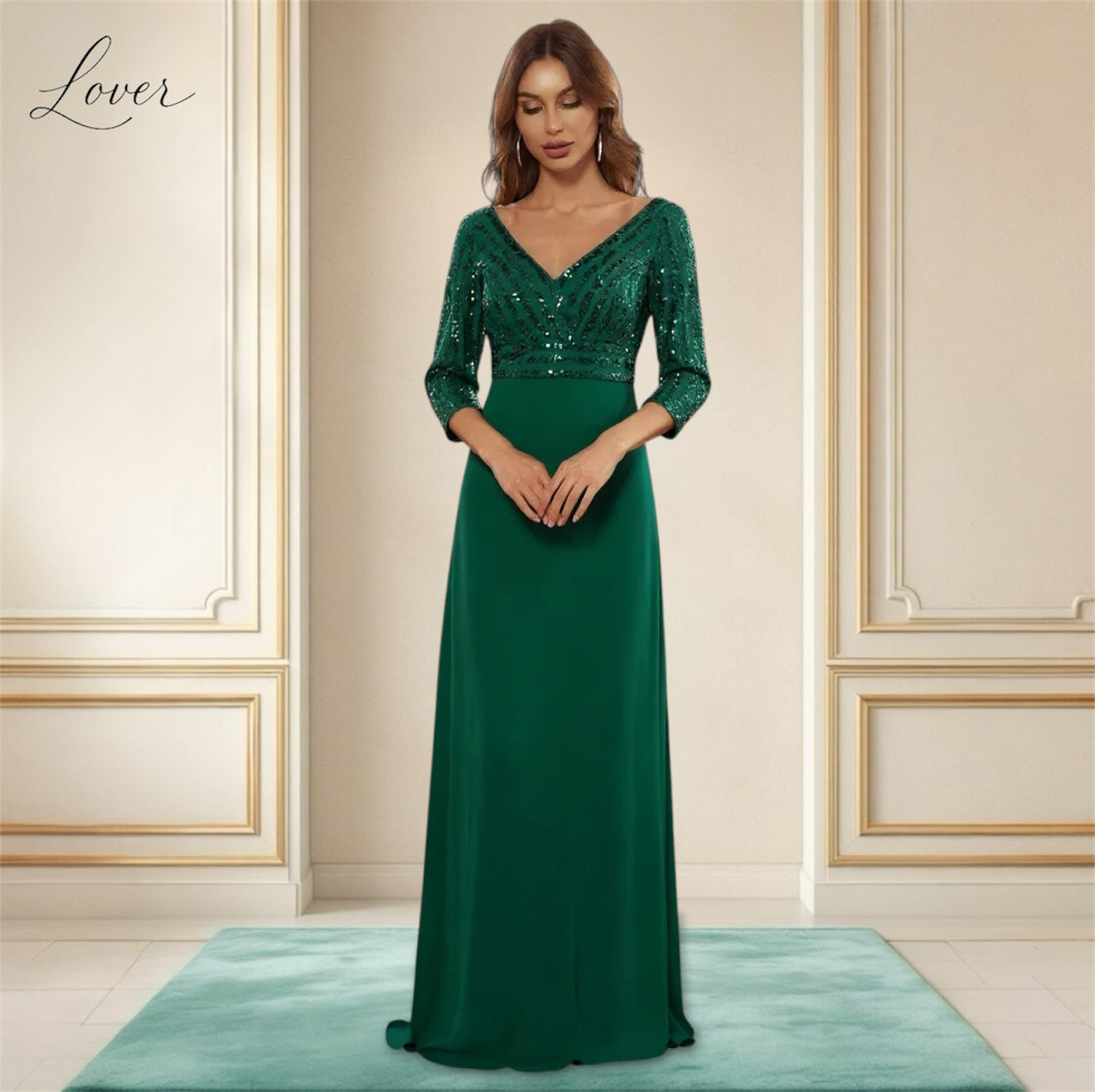 Vestido verde esmeralda de manga larga con lentejuelas en top