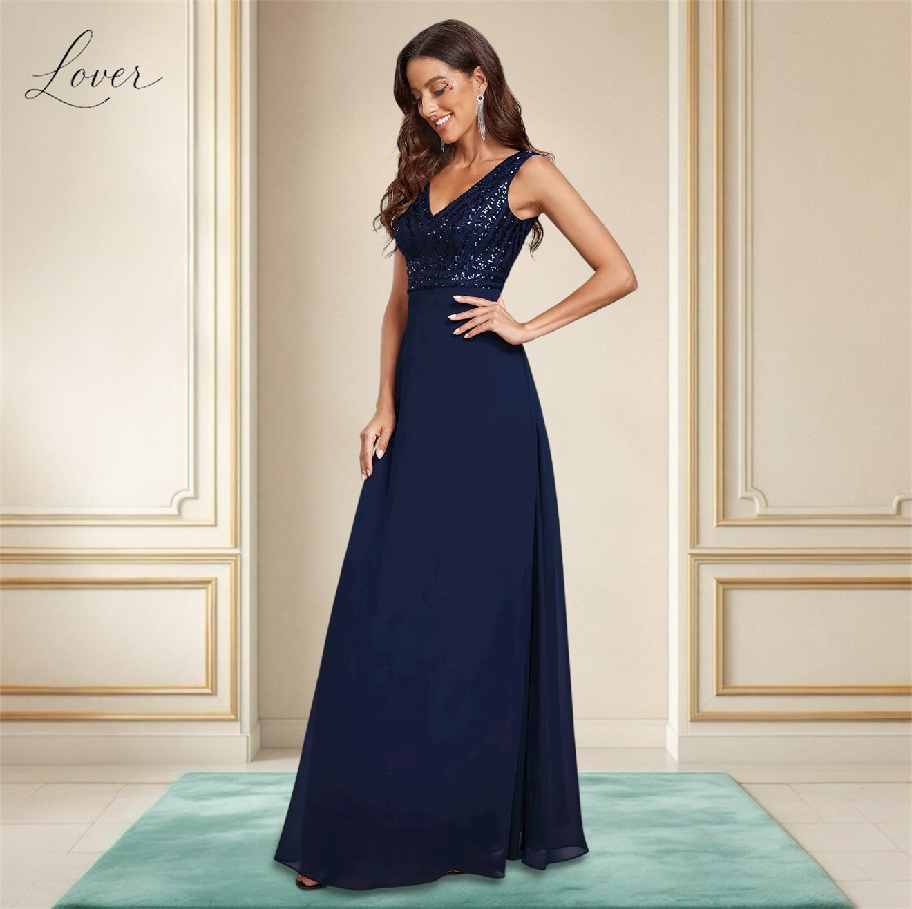 Vestido azul de lentejuelas en top