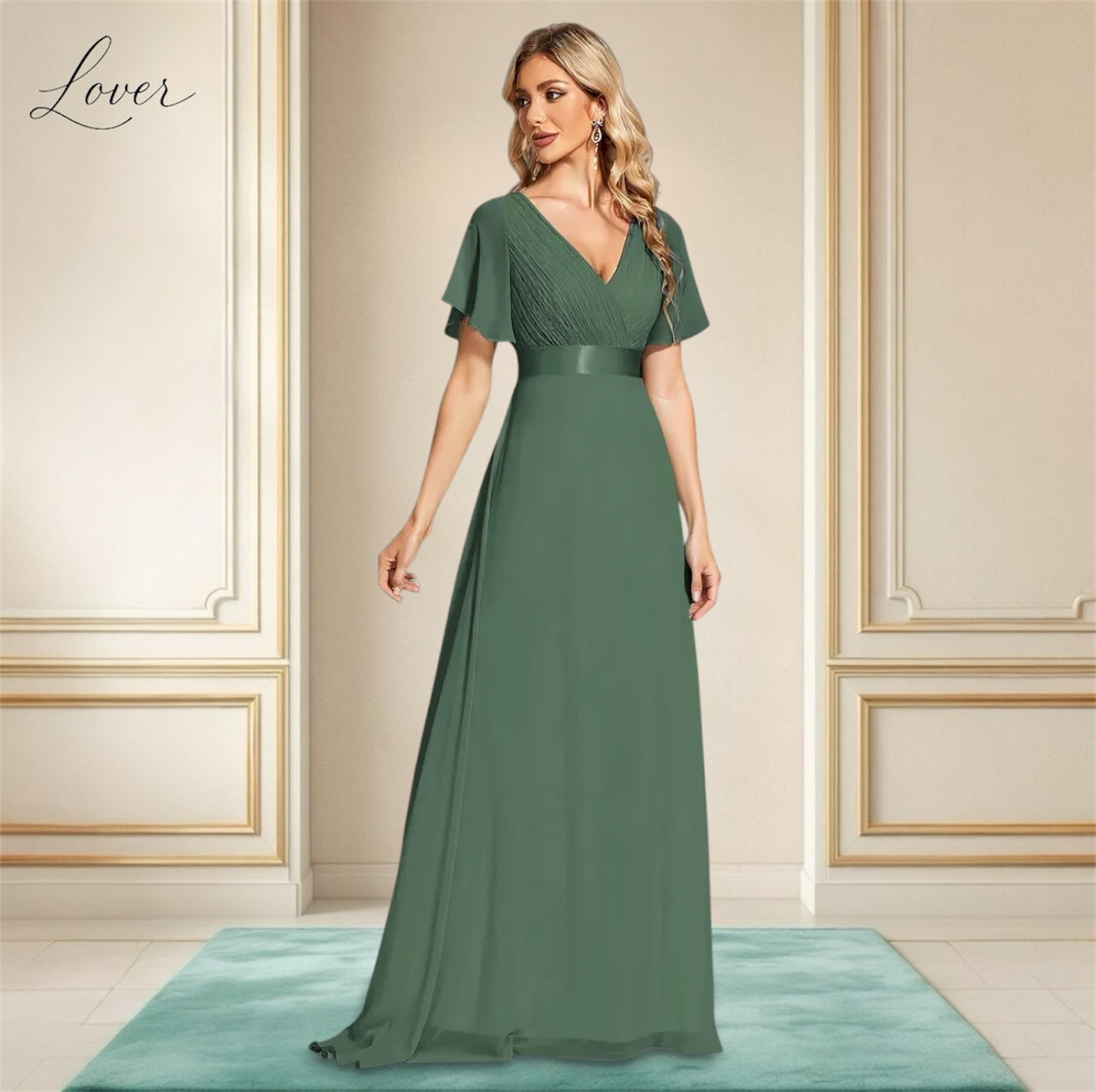 Vestido verde eucalipto con escote en V y mangas