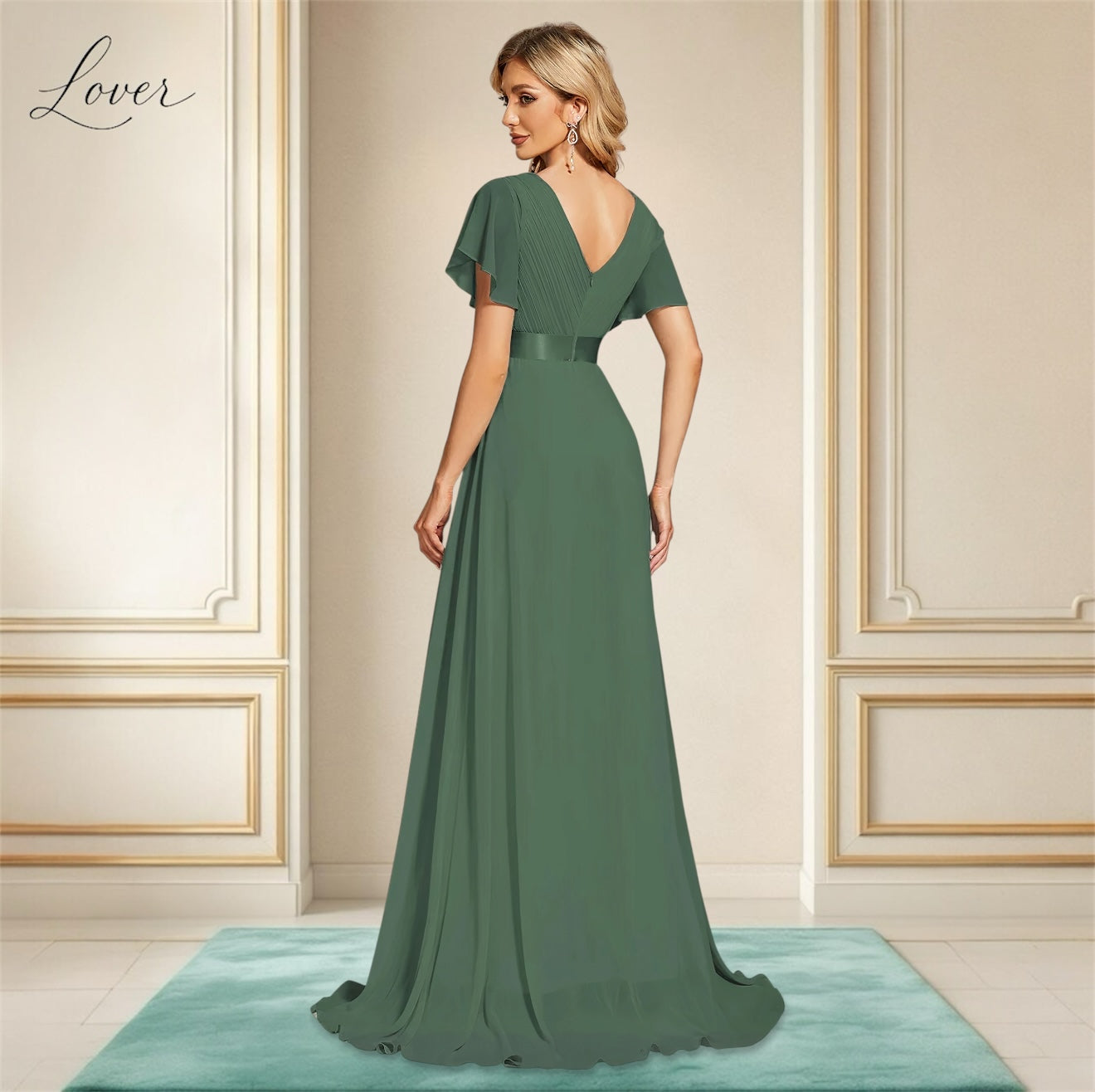 Vestido verde eucalipto con escote en V y mangas