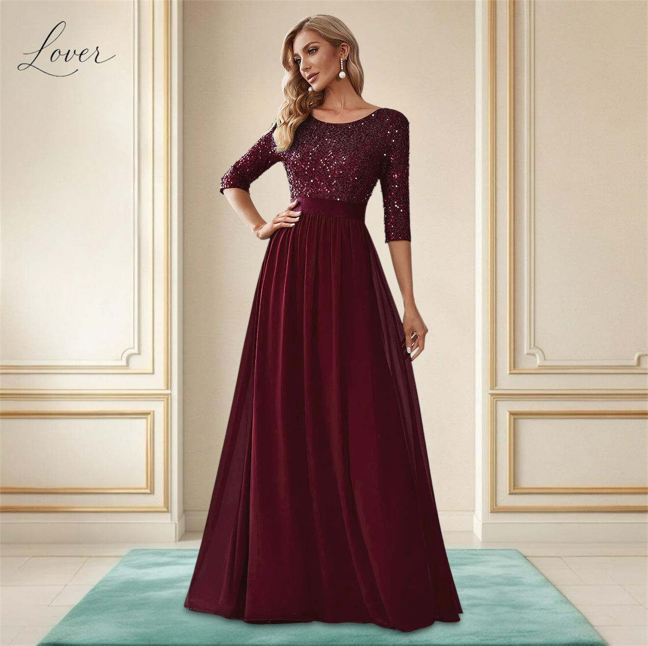 Vestido vino de manga larga con lentejuelas