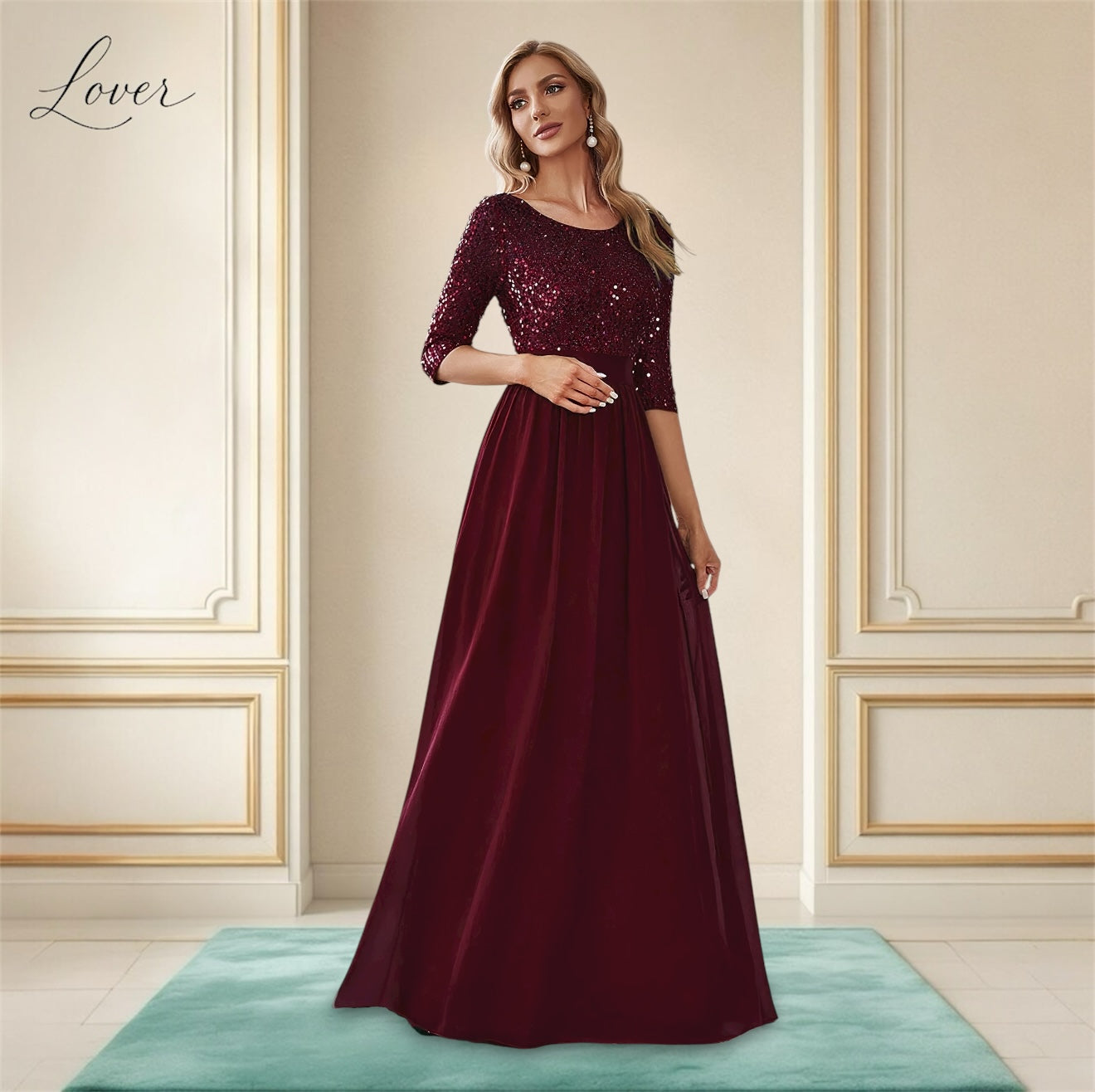 Vestido vino de manga larga con lentejuelas