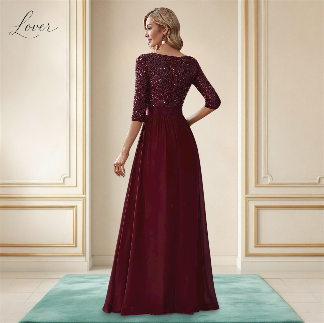 Vestido vino de manga larga con lentejuelas