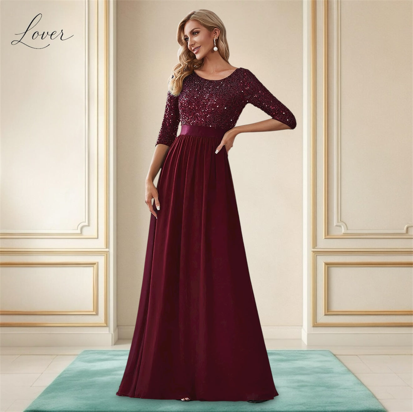 Vestido vino de manga larga con lentejuelas