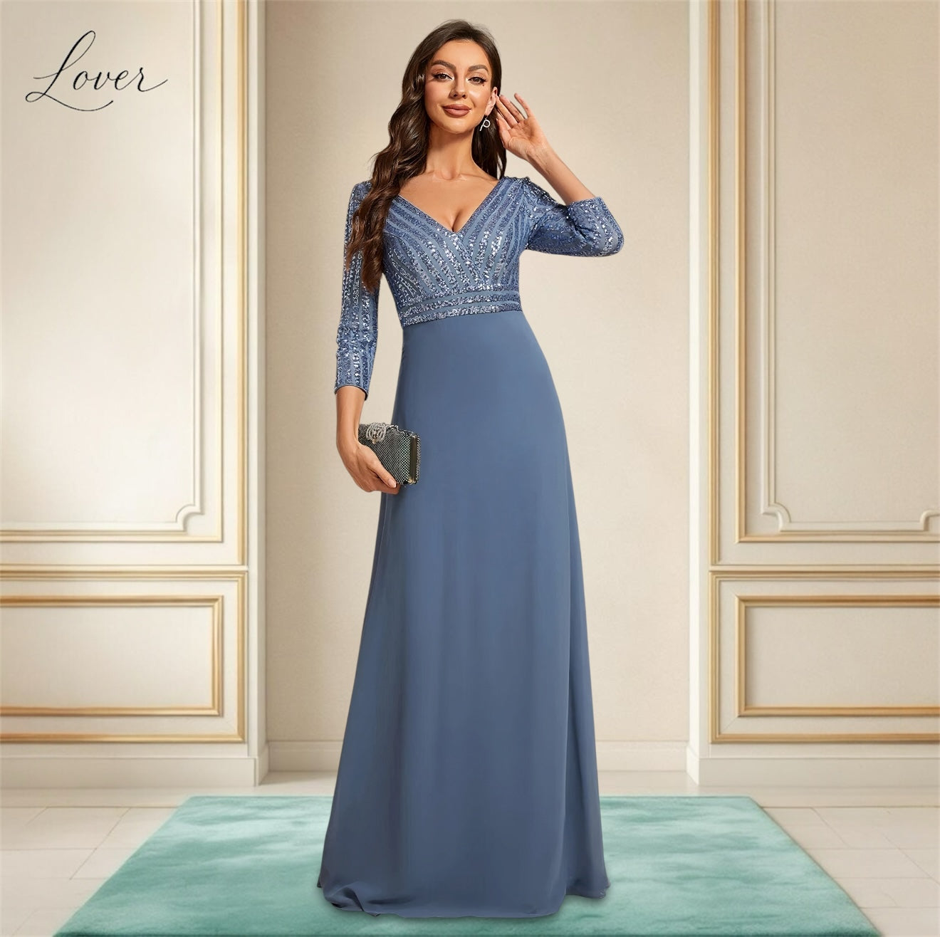 Vestido dusty blue de manga larga con lentejuelas en top