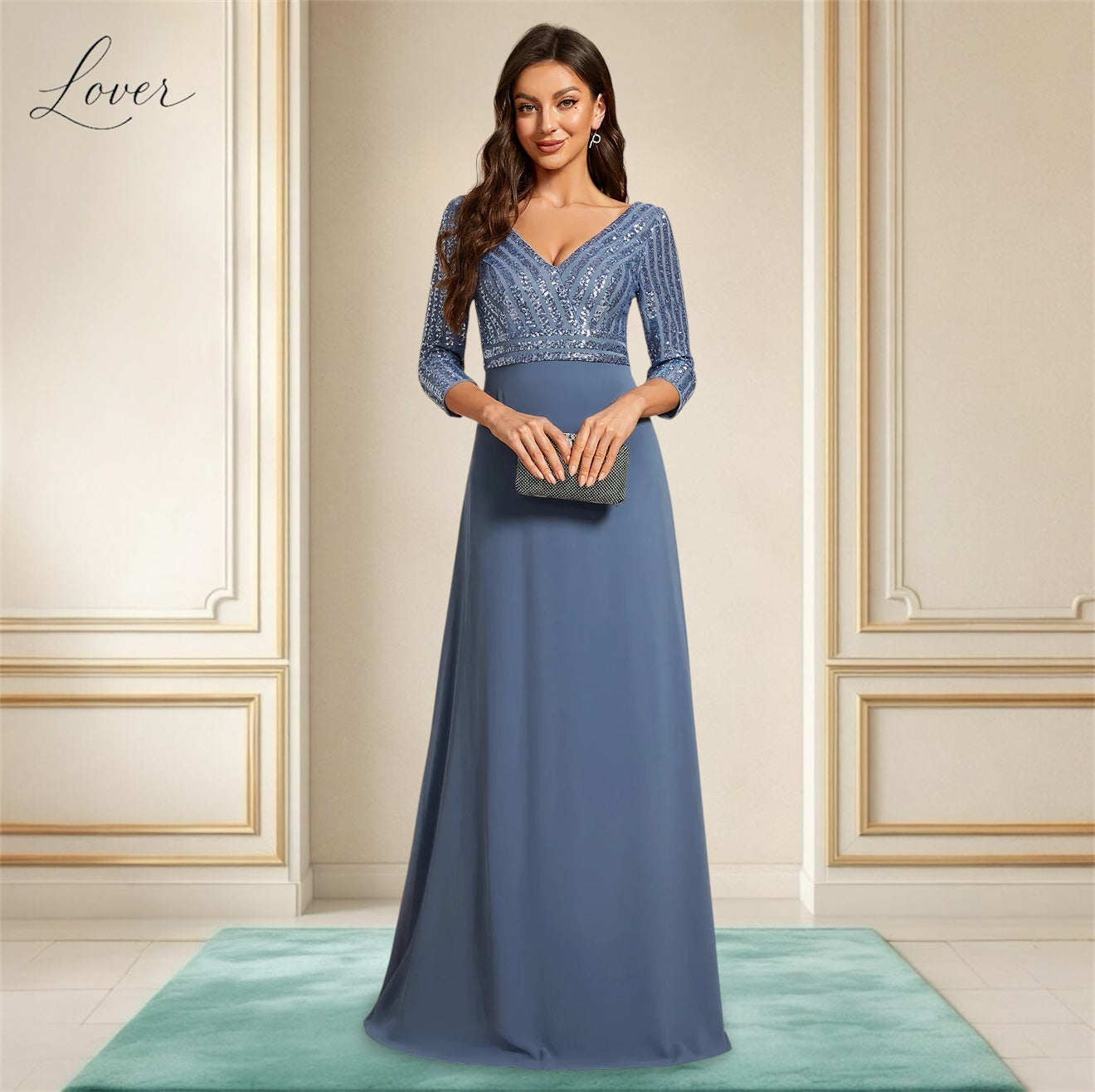 Vestido dusty blue de manga larga con lentejuelas en top