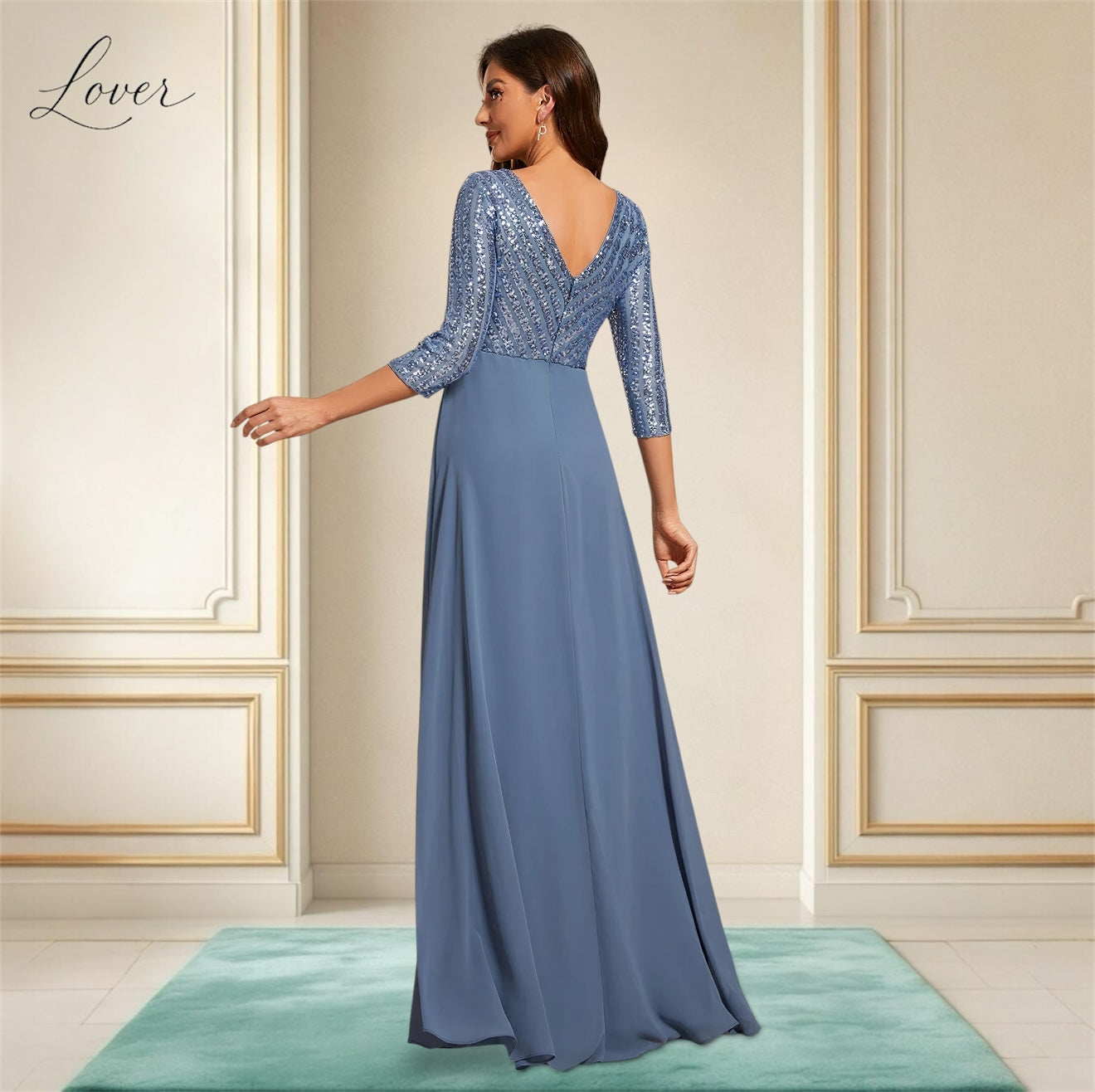 Vestido dusty blue de manga larga con lentejuelas en top