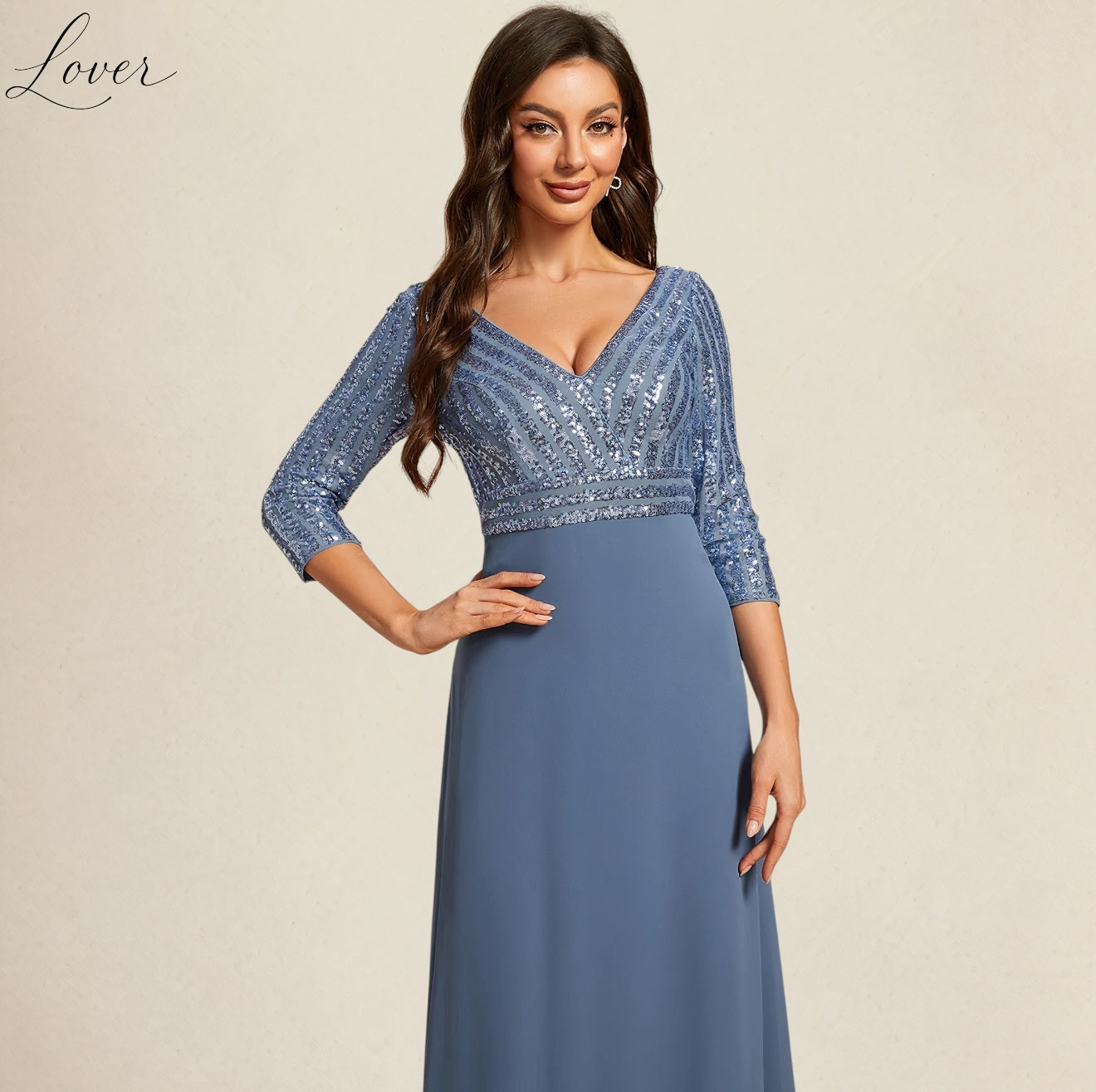 Vestido dusty blue de manga larga con lentejuelas en top