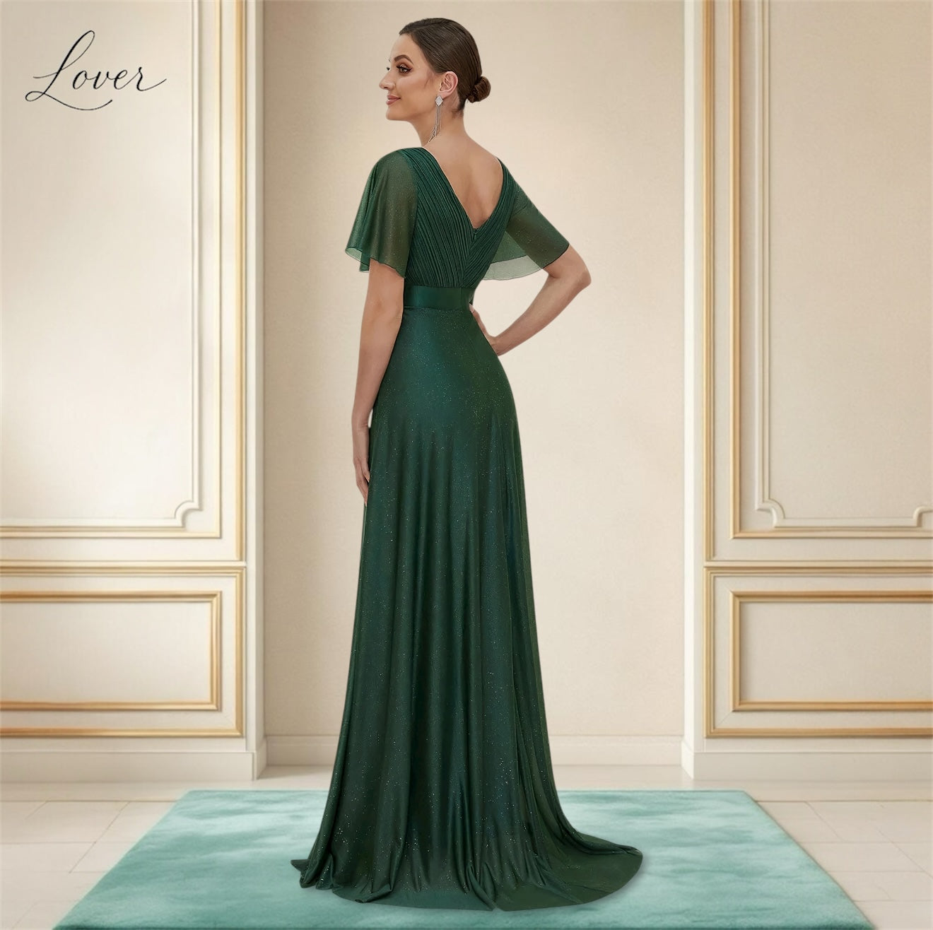 Vestido verde esmeralda con brillos de manga corta