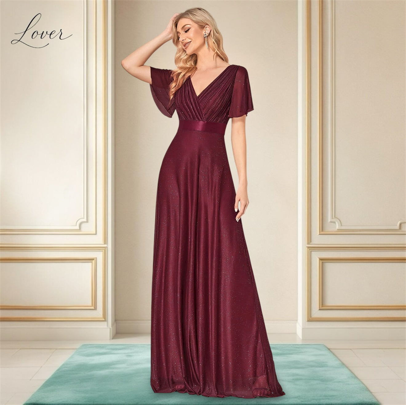 Vestido vino con brillos de manga corta