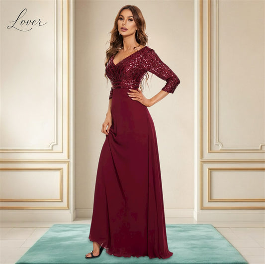 Vestido vino de manga larga con lentejuelas en top