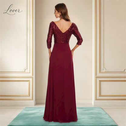 Vestido vino de manga larga con lentejuelas en top