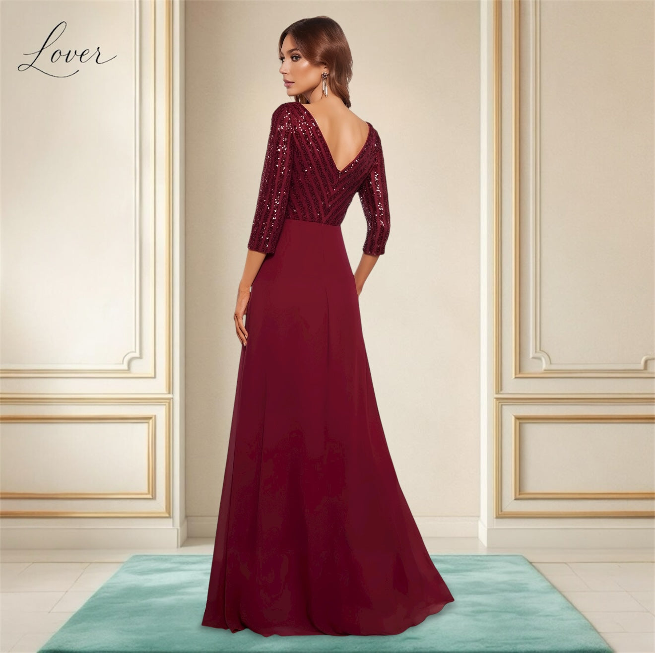 Vestido vino de manga larga con lentejuelas en top