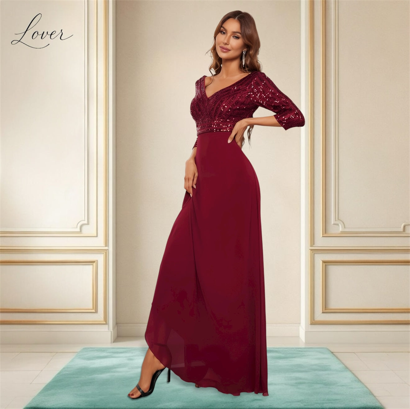 Vestido vino de manga larga con lentejuelas en top