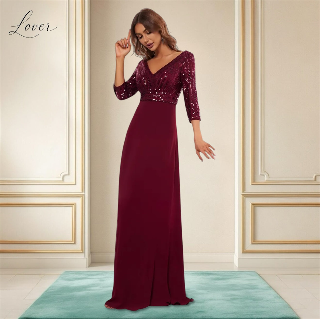 Vestido vino de manga larga con lentejuelas en top