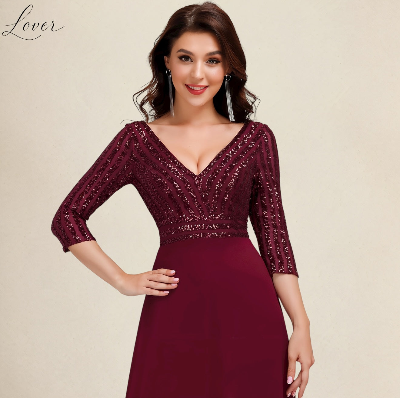 Vestido vino de manga larga con lentejuelas en top