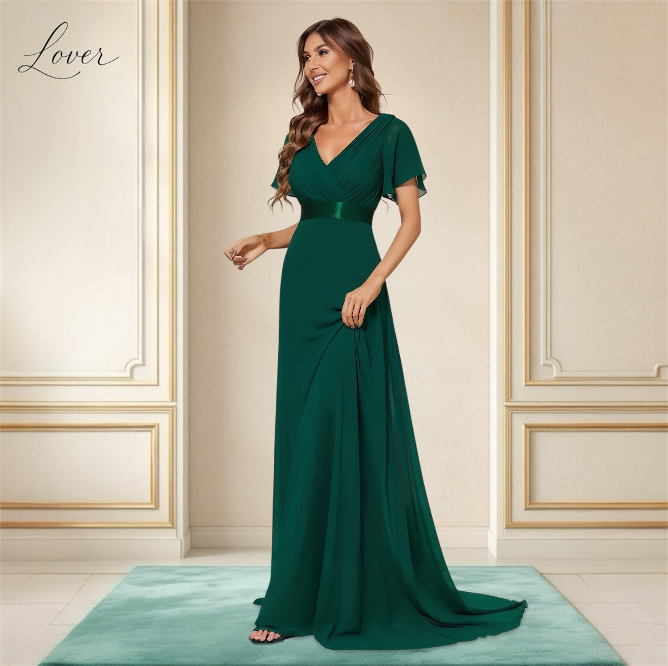 Vestido verde esmeralda de manga corta