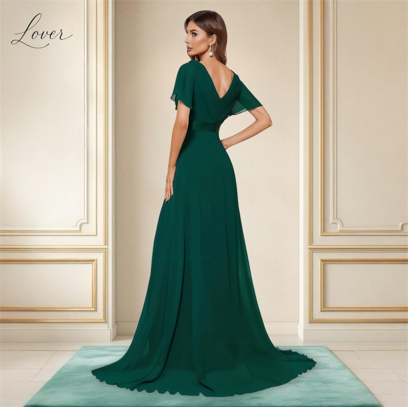 Vestido verde esmeralda de manga corta