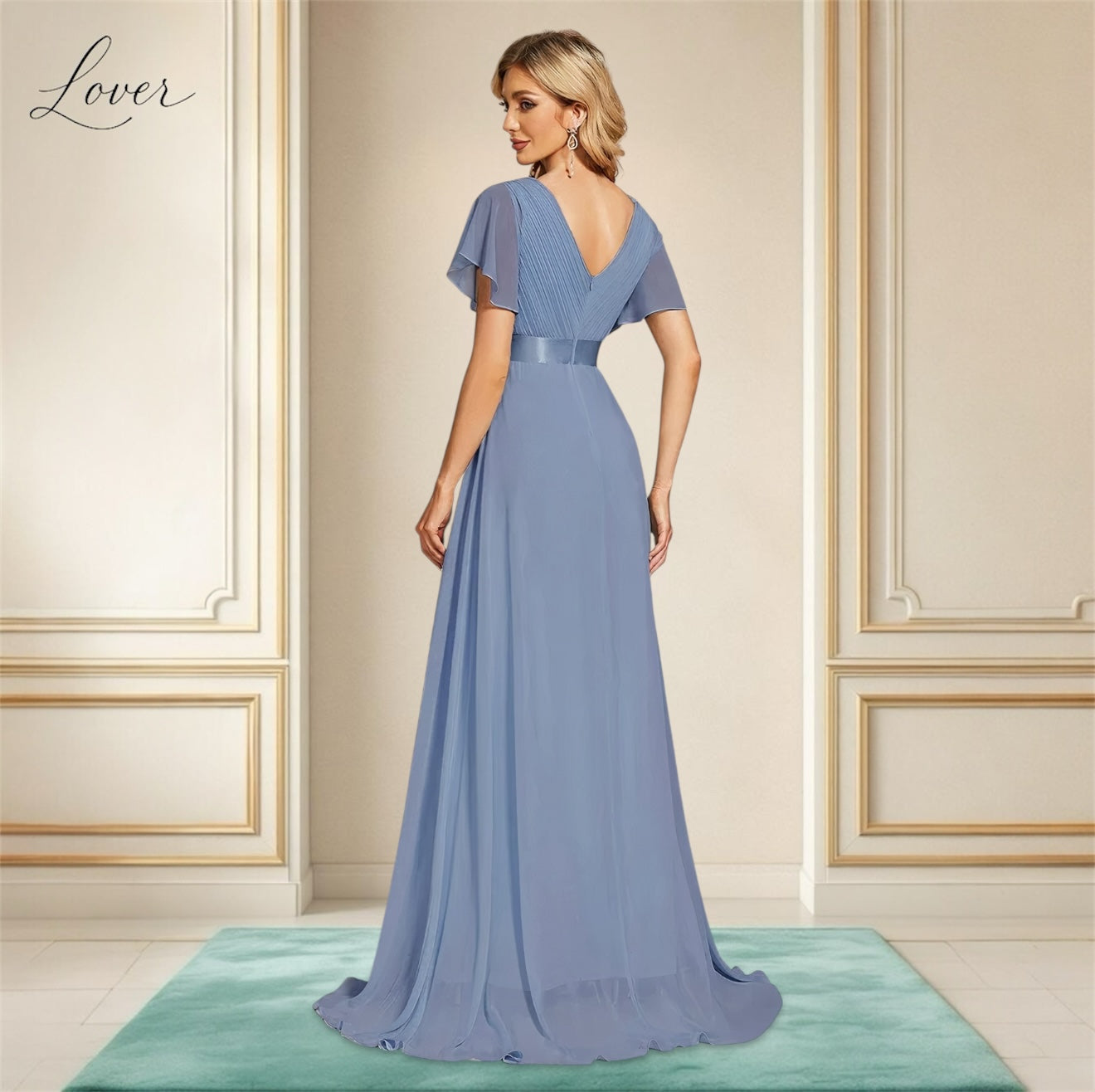 Vestido slate blue con escote en V y mangas