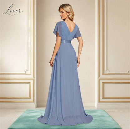 Vestido slate blue con escote en V y mangas