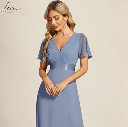 Vestido slate blue con escote en V y mangas
