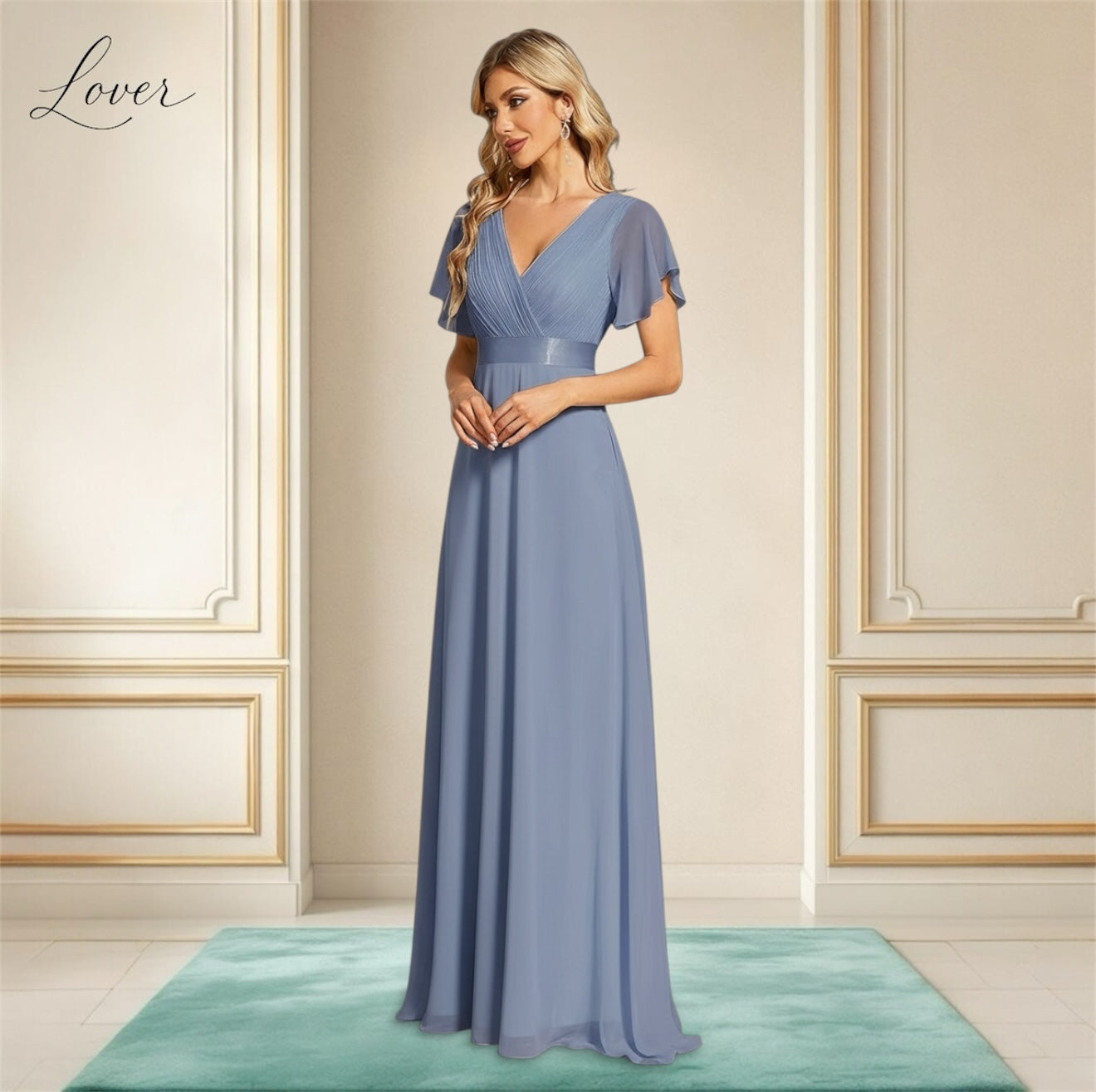 Vestido slate blue con escote en V y mangas