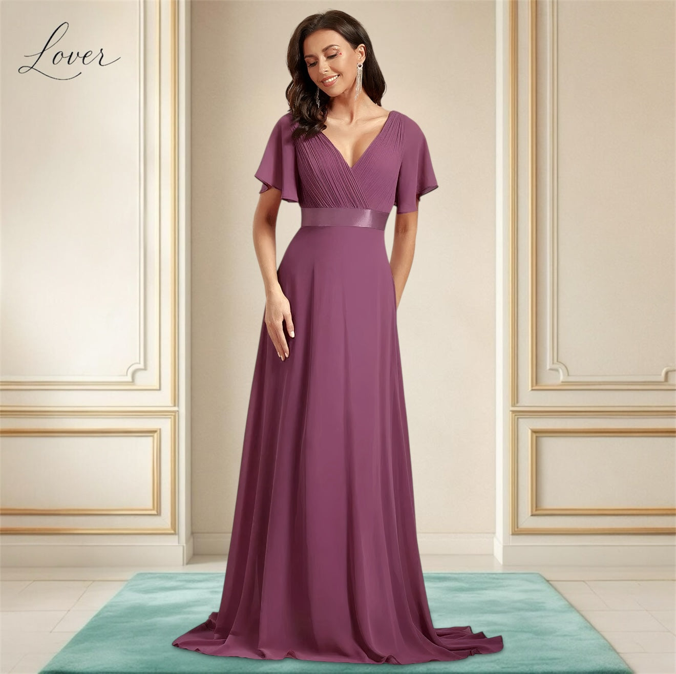 Vestido dusty rose con escote en V y mangas