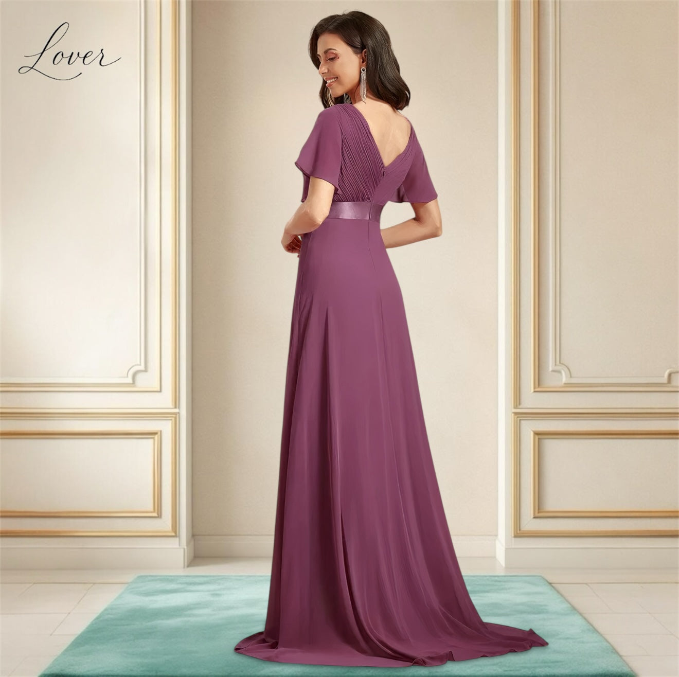 Vestido dusty rose con escote en V y mangas