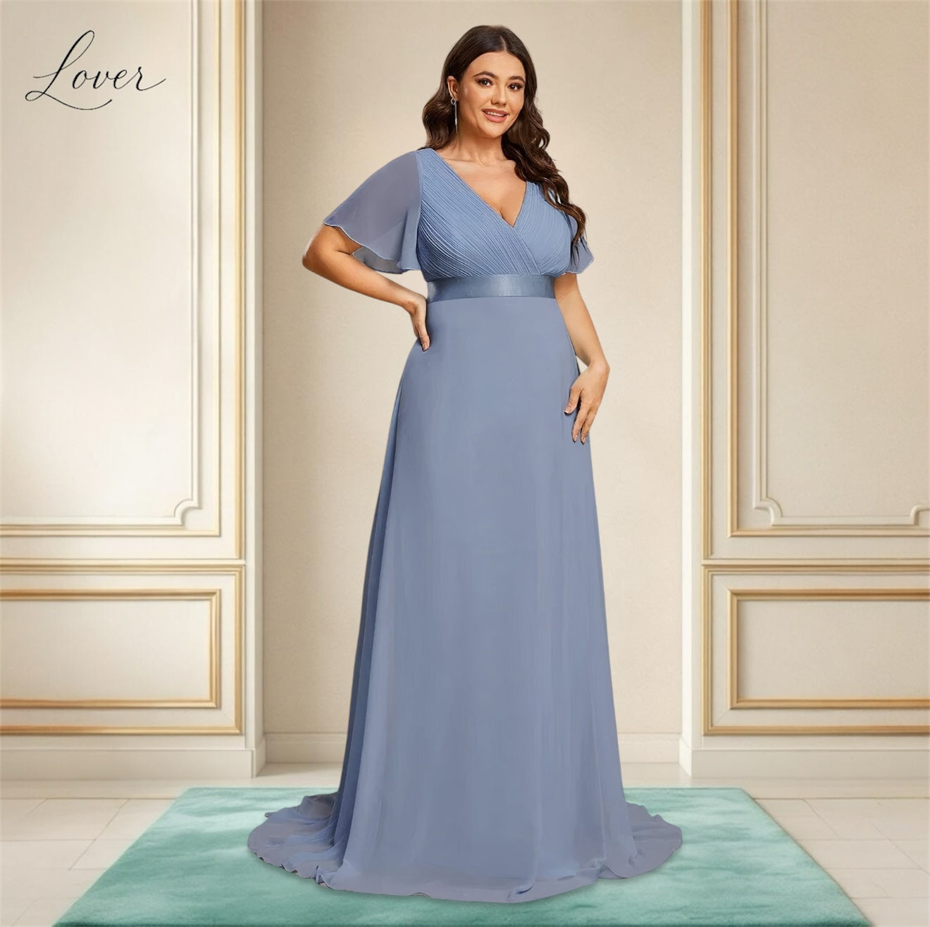 Vestido slate blue con escote en V y mangas