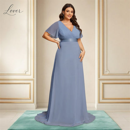 Vestido slate blue con escote en V y mangas