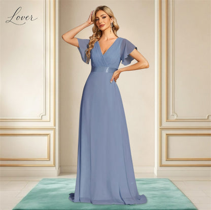 Vestido slate blue con escote en V y mangas