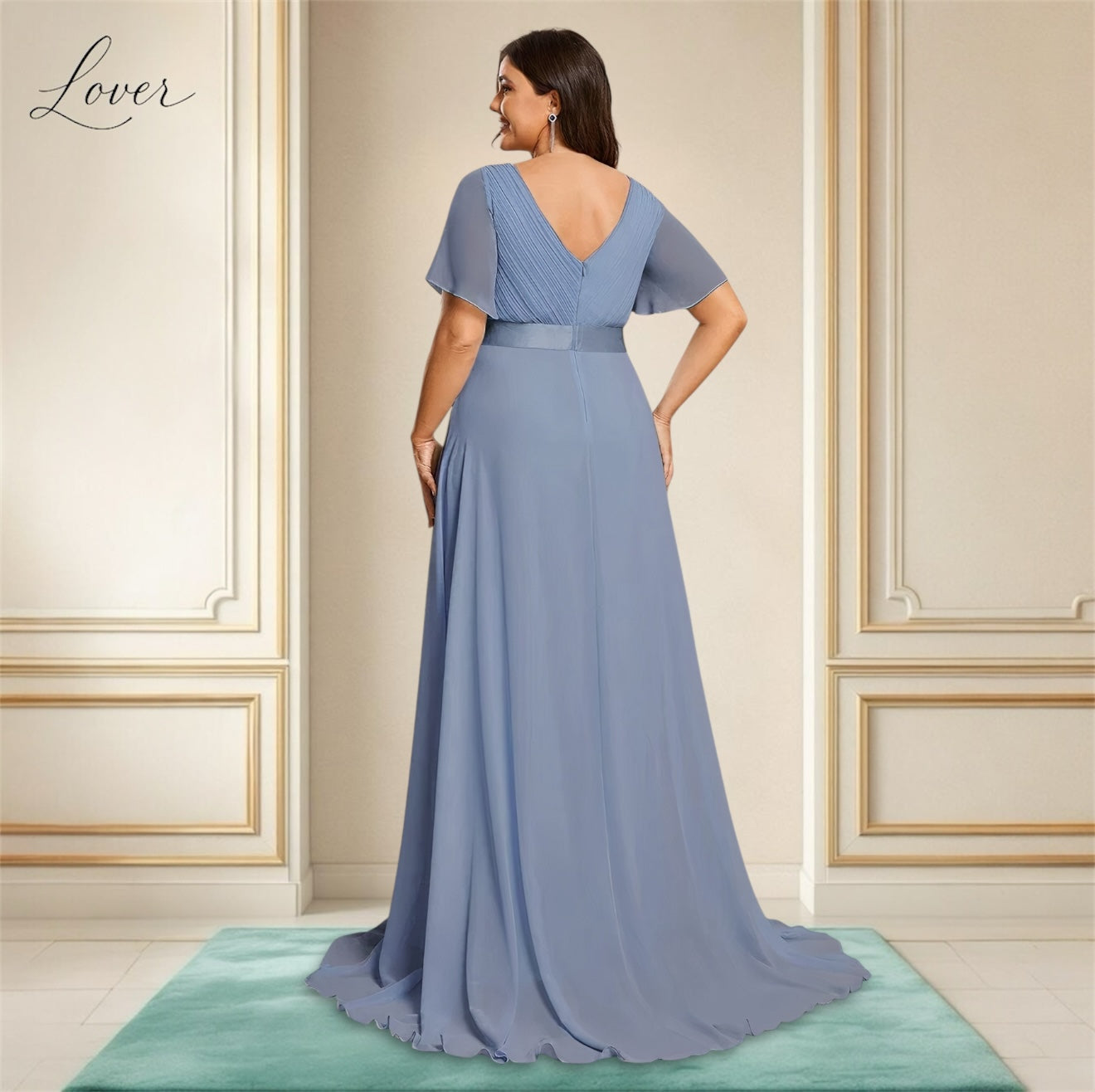 Vestido slate blue con escote en V y mangas