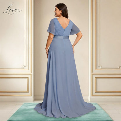 Vestido slate blue con escote en V y mangas