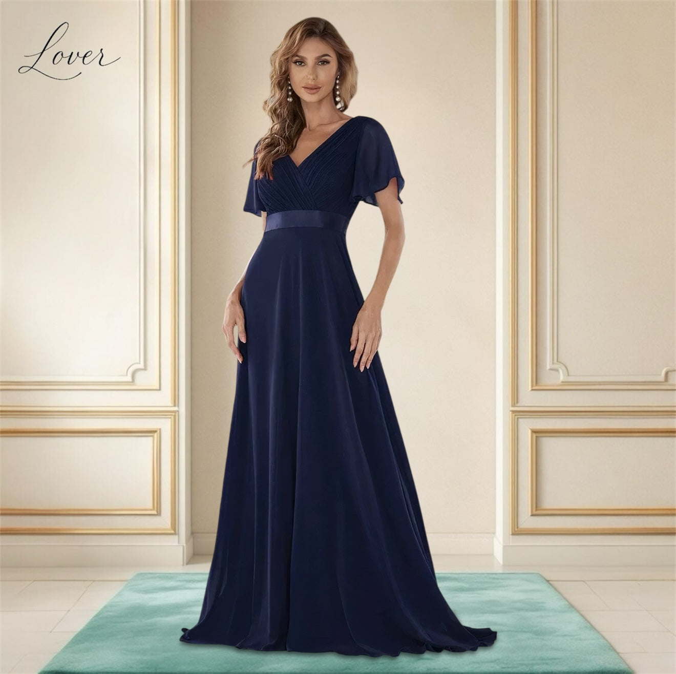 Vestido azul con escote en V y mangas
