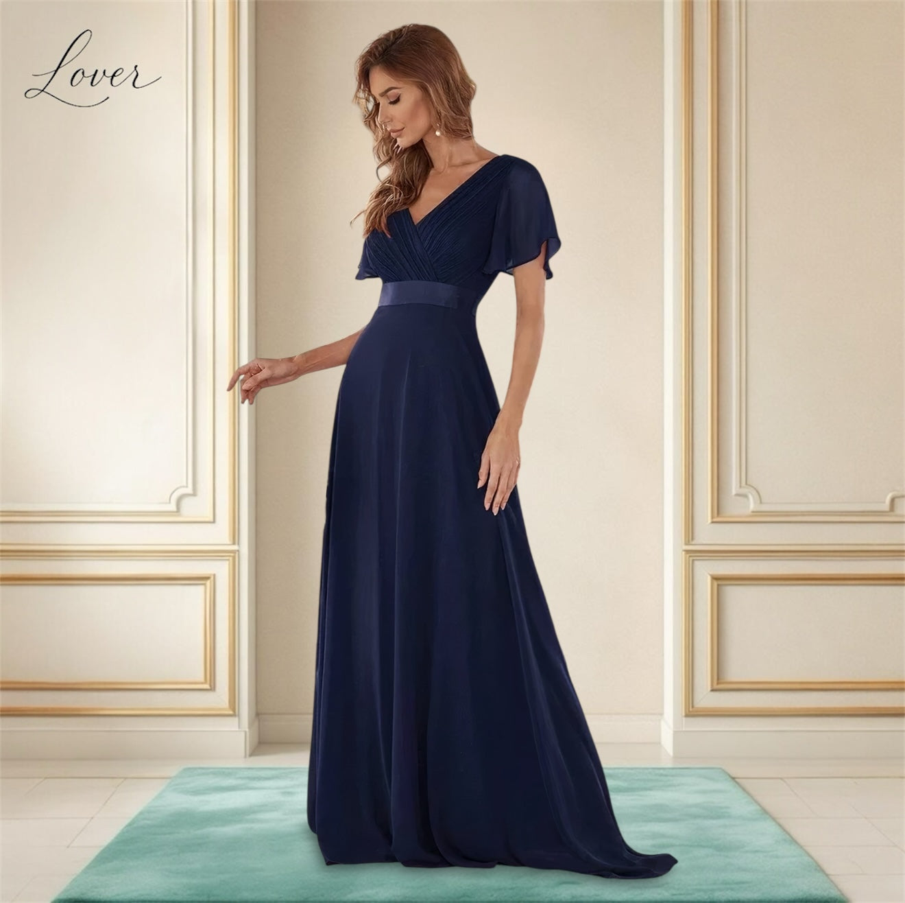 Vestido azul con escote en V y mangas